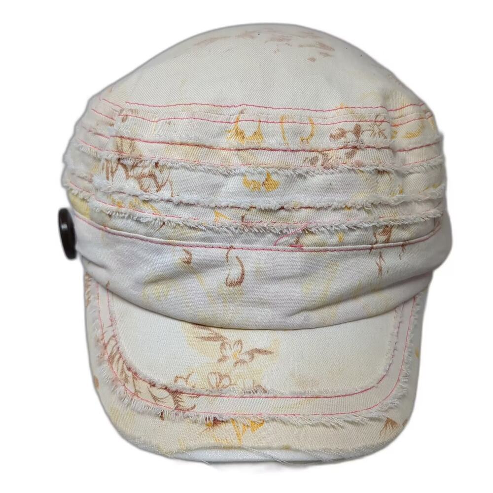 Joe Boxer Army Cap Hat Beige Pink OS Floral Frayed Edge Side Button Elastic Back
